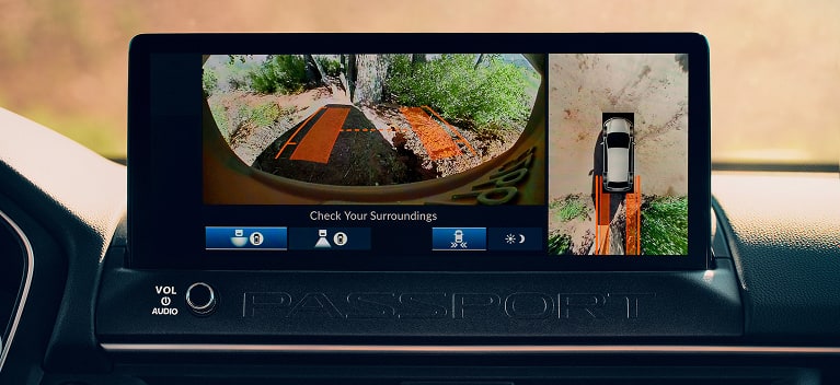 2026 Honda Passport TrailSport Elite infotainment screen displaying the surround view camera system (Mid-Size SUV).